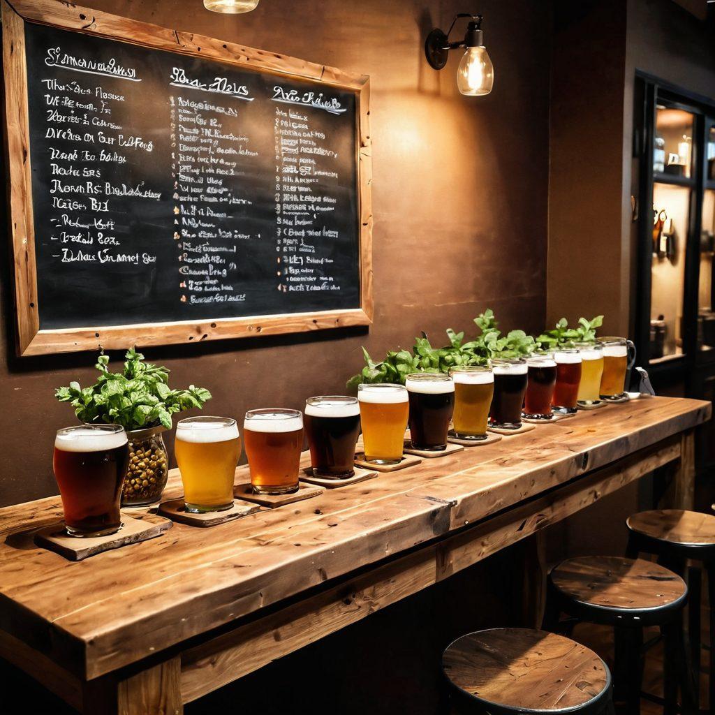 A cozy craft brewing setup featuring a beautifully crafted wooden table with various brewing equipment, glass jars filled with colorful hops and grains, and a beer tasting flight with different types of craft beers. Soft, warm lighting creates an inviting atmosphere, while a chalkboard in the background lists clever beer pairings and recipes. Include small potted herbs for an added touch of freshness. super-realistic. warm colors. rustic style.