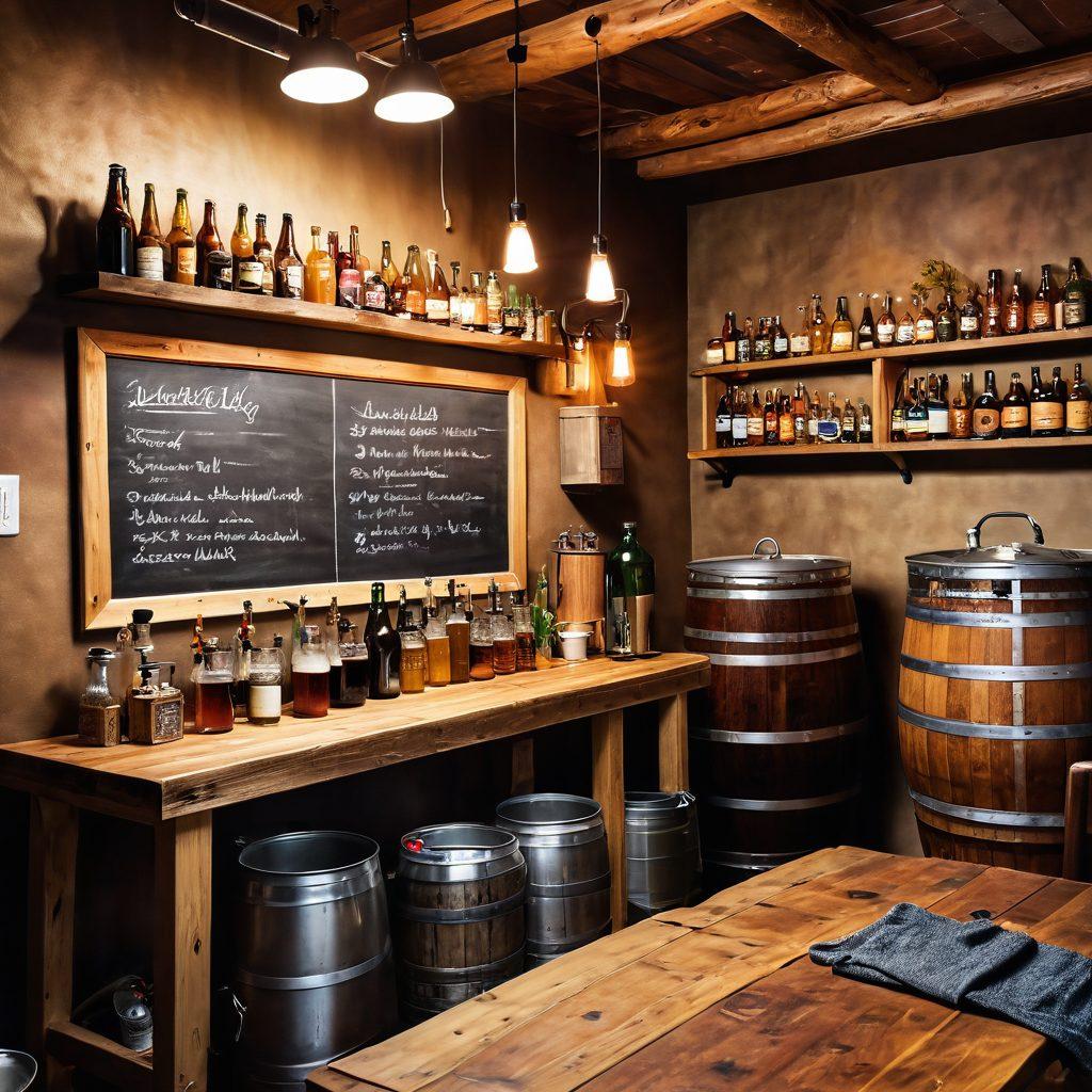 A cozy home brewery setup featuring a variety of brewing equipment, glass bottles filled with colorful craft beers, and fresh ingredients like hops and malt spread across a rustic wooden table. Add a warm, inviting atmosphere with soft ambient lighting and a chalkboard showcasing essential recipes. Include some craft beer glasses to enhance the brewery vibe. super-realistic. warm colors. rustic style.
