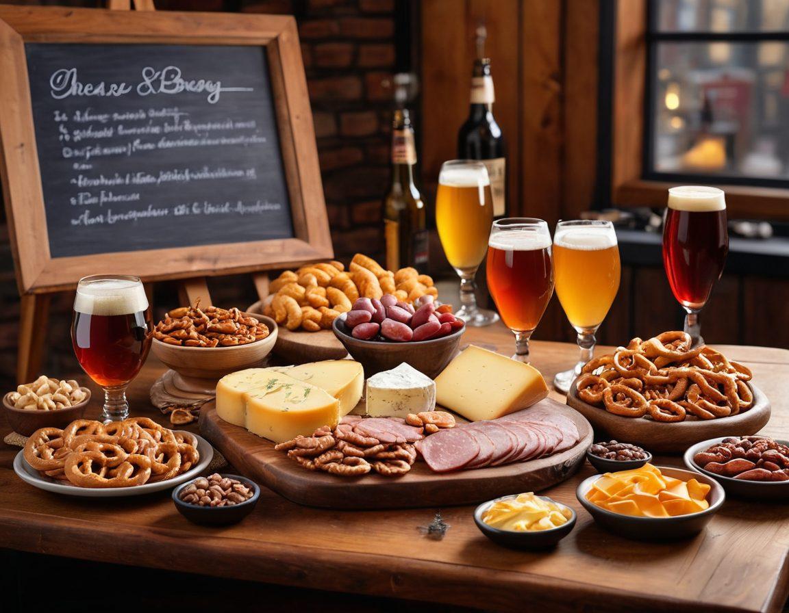 A beautifully arranged table featuring a diverse selection of beers in elegant glasses, paired with gourmet snacks like cheese, pretzels, and charcuterie. The background displays a cozy brewery ambiance with warm lighting, wooden textures, and chalkboard menus. Include vibrant colors to emphasize the appeal of the food and drinks. super-realistic. warm tones. cozy atmosphere.